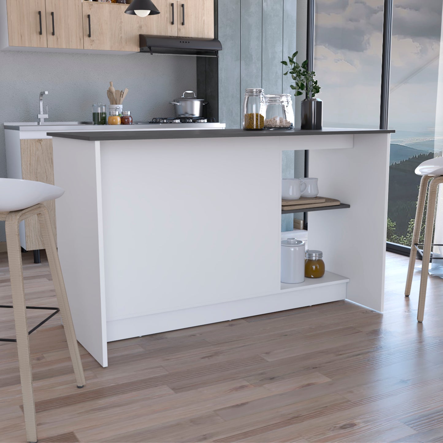 Modern white kitchen island with oak accents and a granite countertop