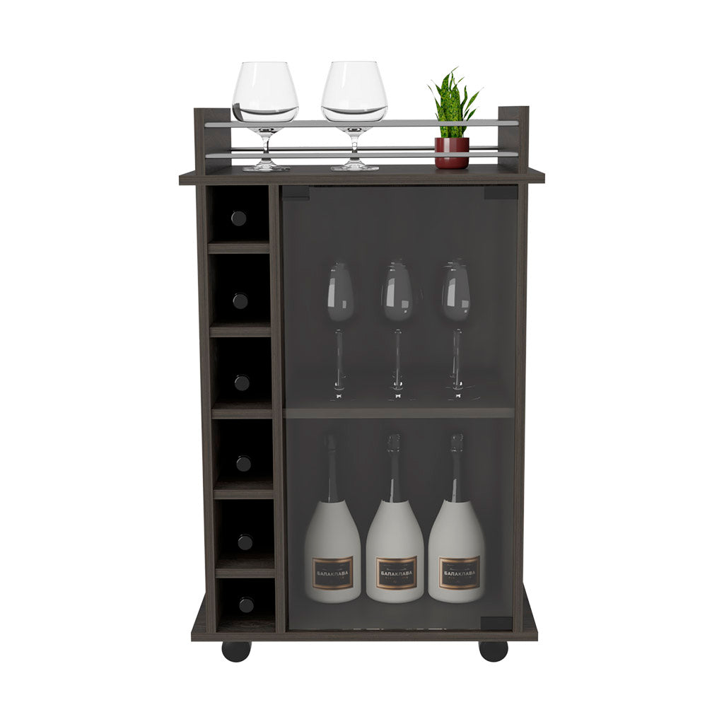 Dark wood mobile bar cart with wine rack and glassware