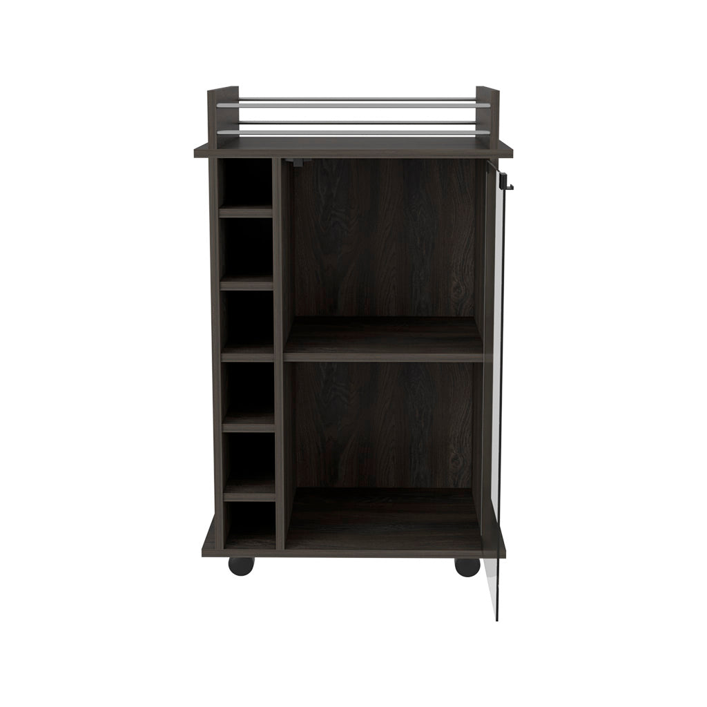 Dark wood bar cart with wine racks and open shelving