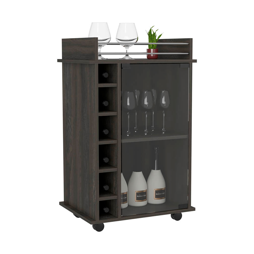 Dark wood wine cabinet with stemware rack and rolling casters