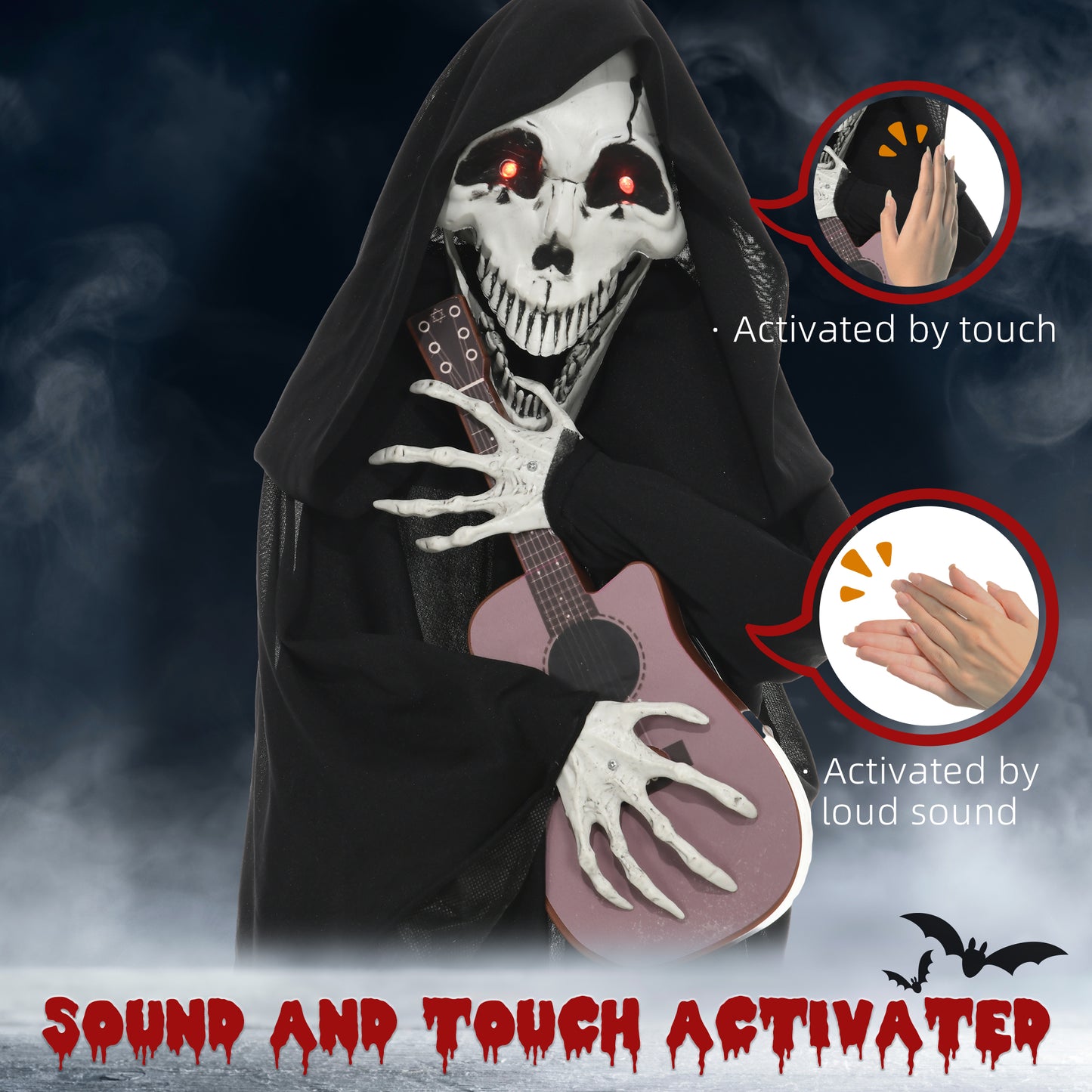 Scary grim reaper Halloween prop with glowing red eyes playing a guitar