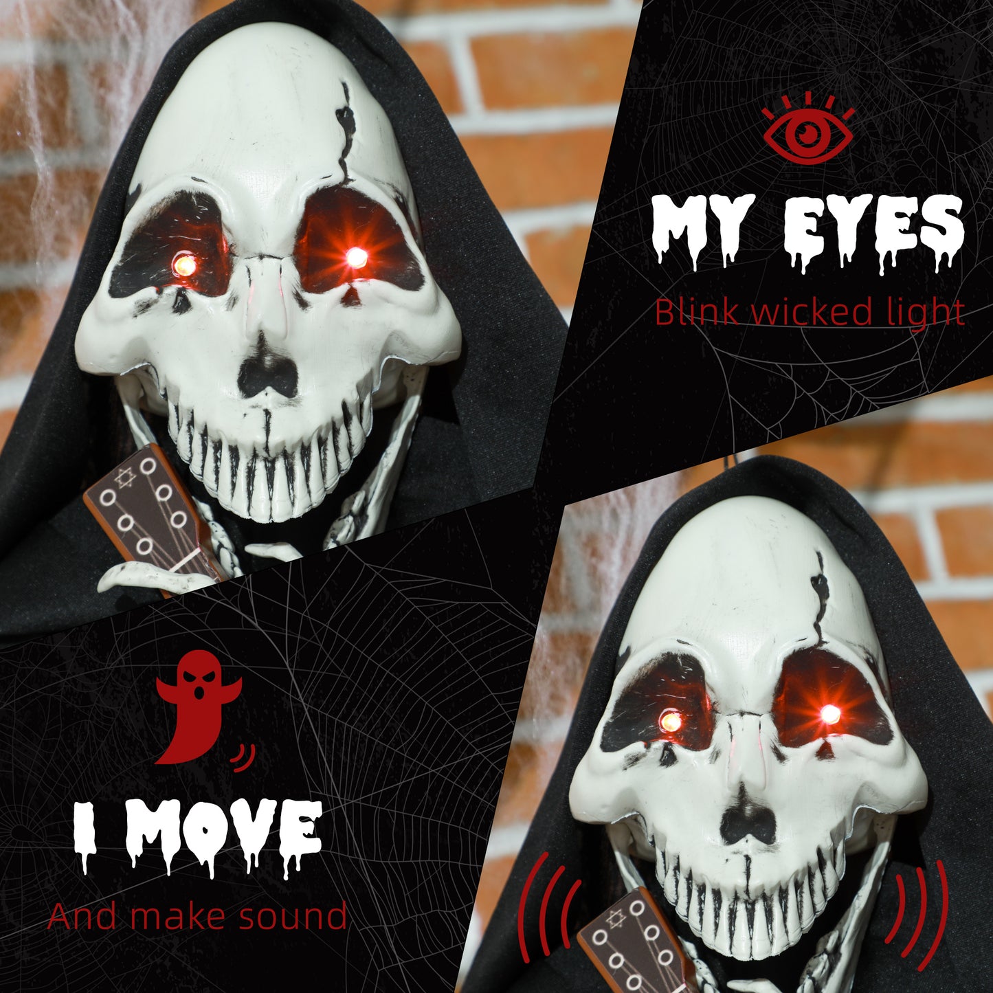 Scary Halloween skeleton prop with glowing red eyes and a black hood