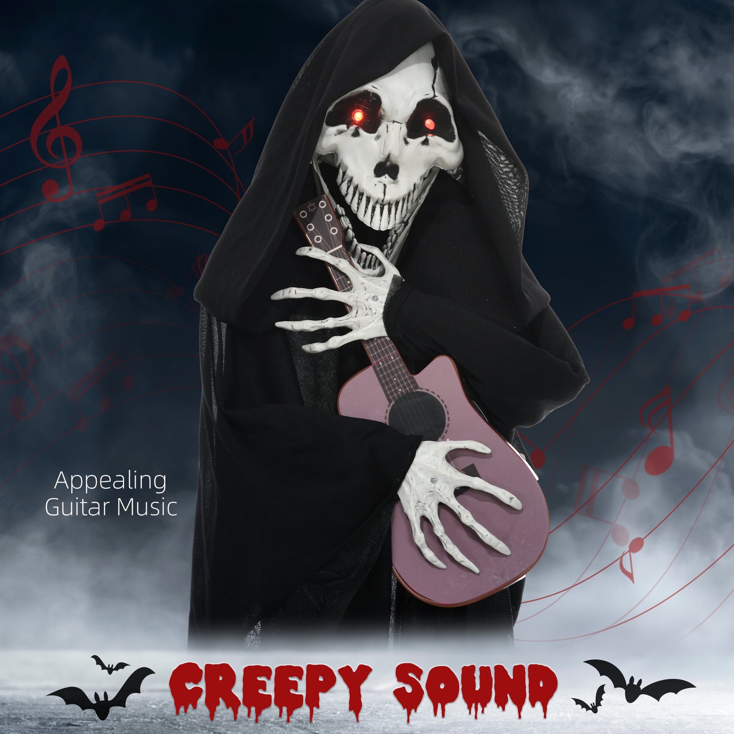 Grim reaper Halloween prop holding a pink guitar with glowing red eyes and spooky sound effects
