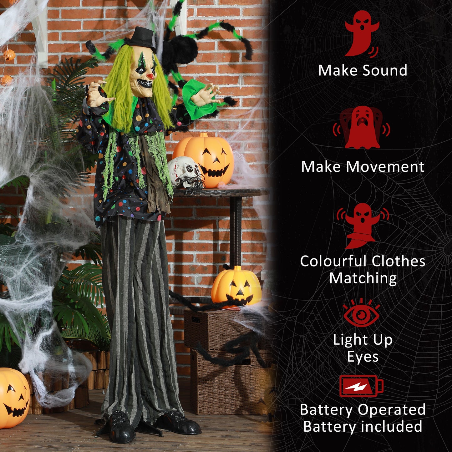 Animated clown prop with green hair black top hat and striped pants for Halloween decor