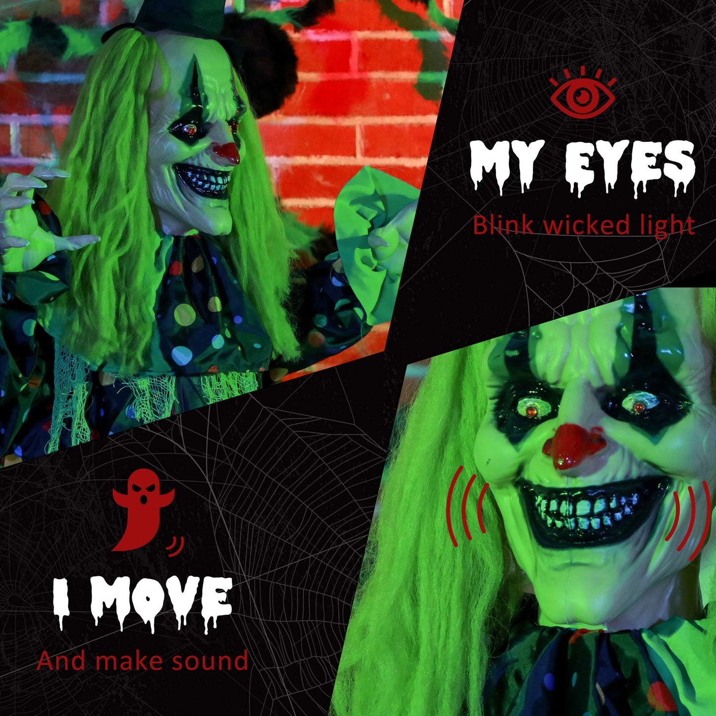 Scary animated clown prop with bright green hair and blinking red eyes