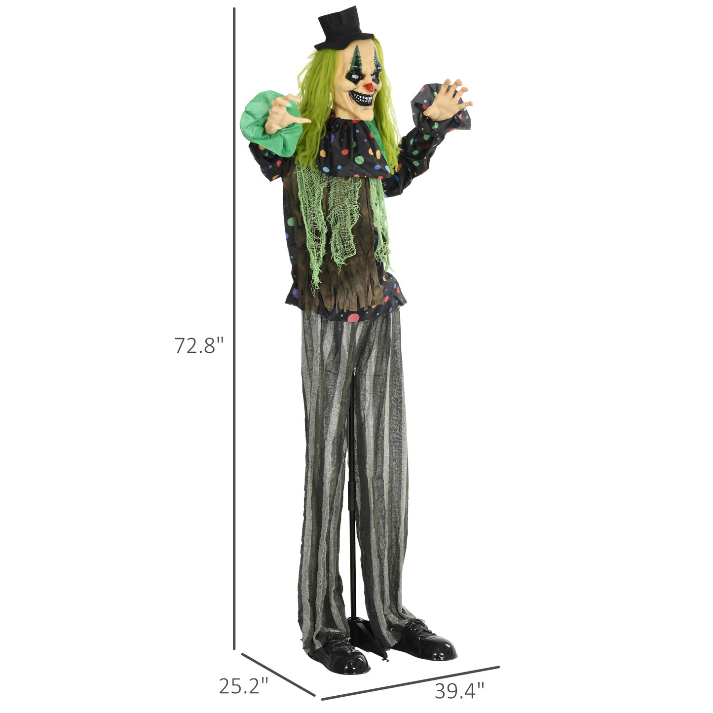 Scary clown animated prop with green hair polka dot shirt and striped pants