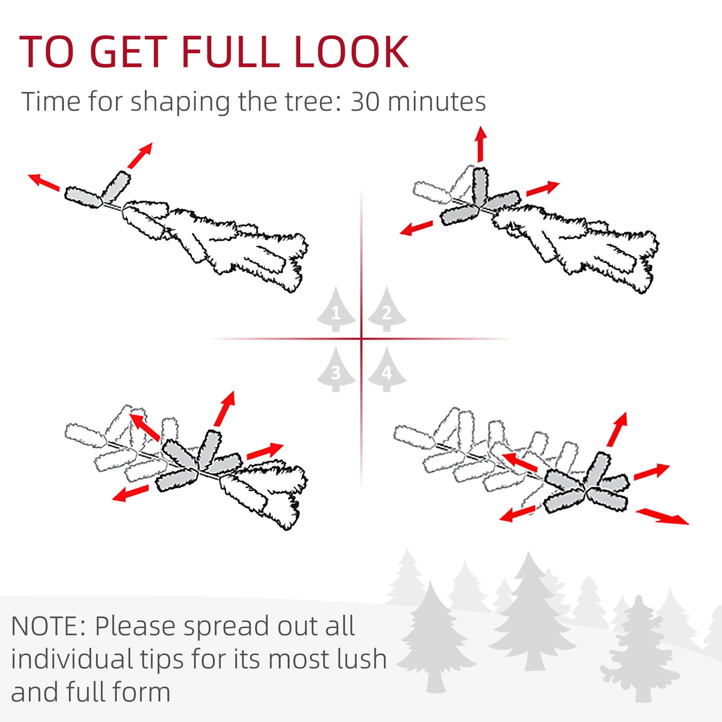 Diagram showing how to spread artificial tree branches for a full look