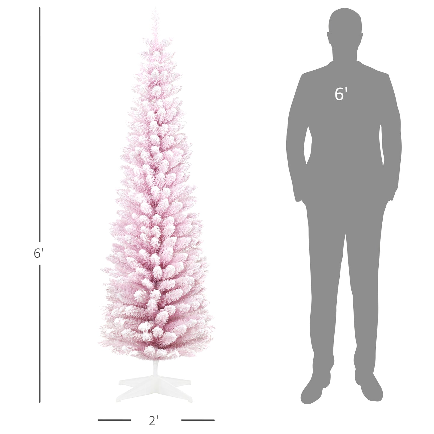 foot flocked pink artificial Christmas tree with white stand shown next to a foot silhouette