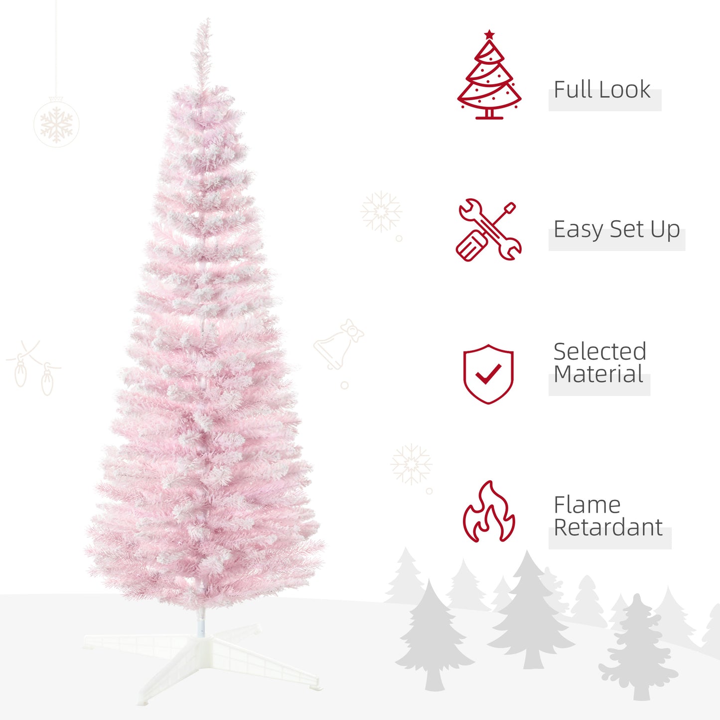 Pink flocked artificial Christmas tree with white stand perfect for holiday decor