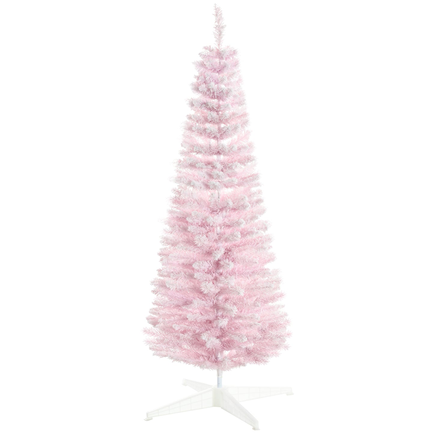Tall slender pink artificial Christmas tree with flocked white tips standing on a white base