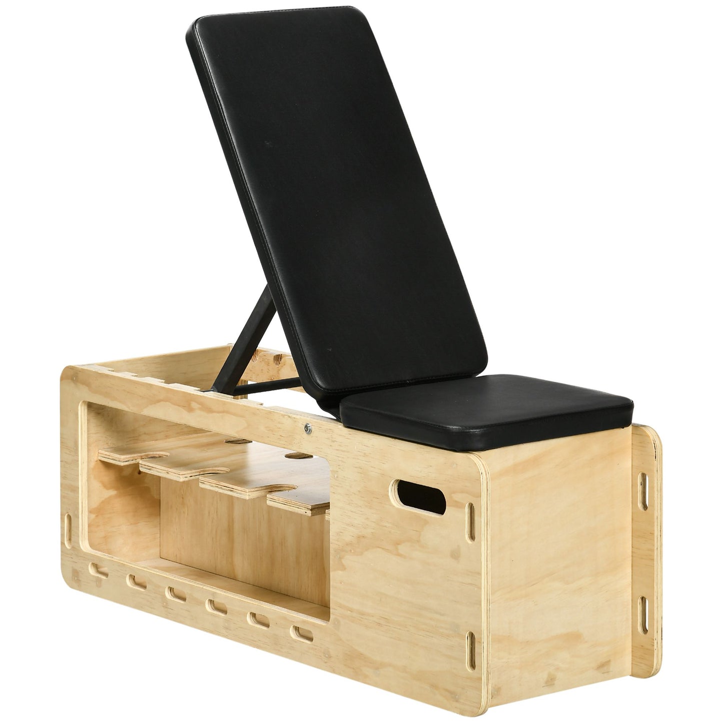 Wooden reformer box with black upholstered padding ideal for Pilates workouts