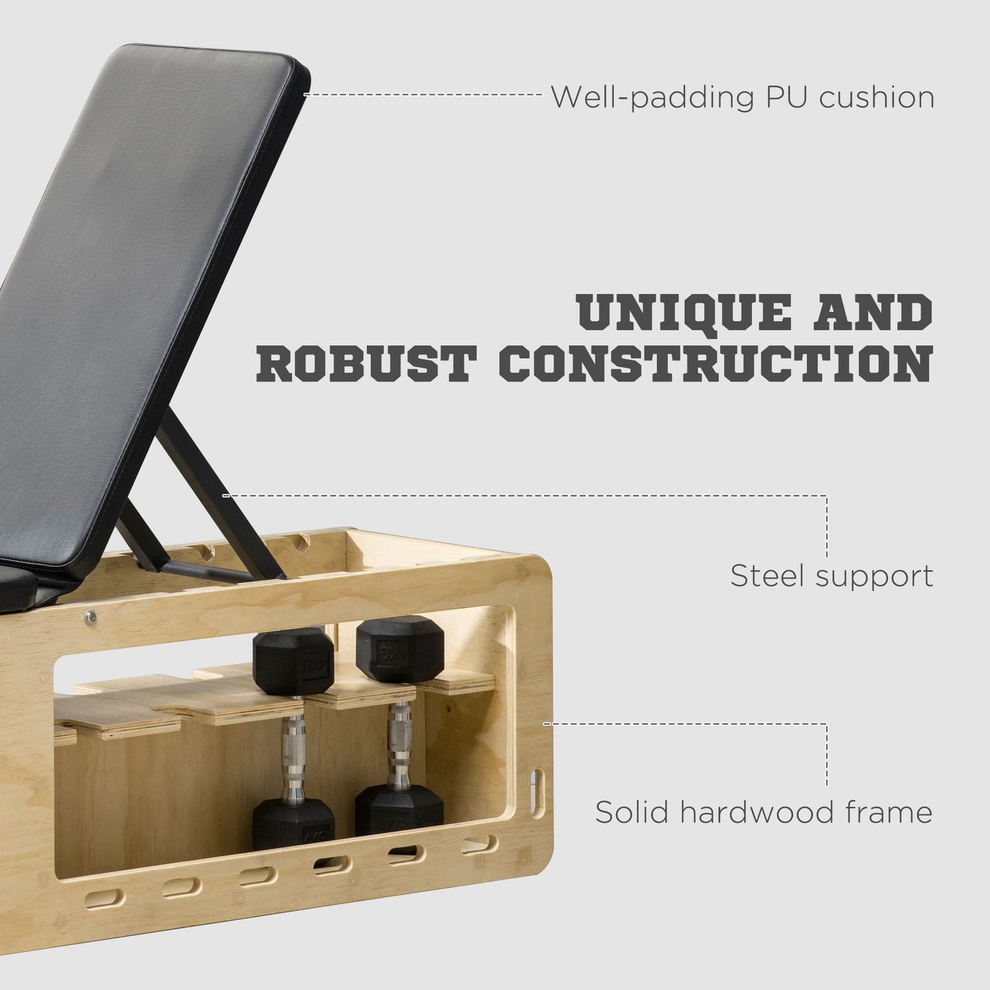 Black PU padded workout bench with integrated dumbbell storage and solid hardwood frame