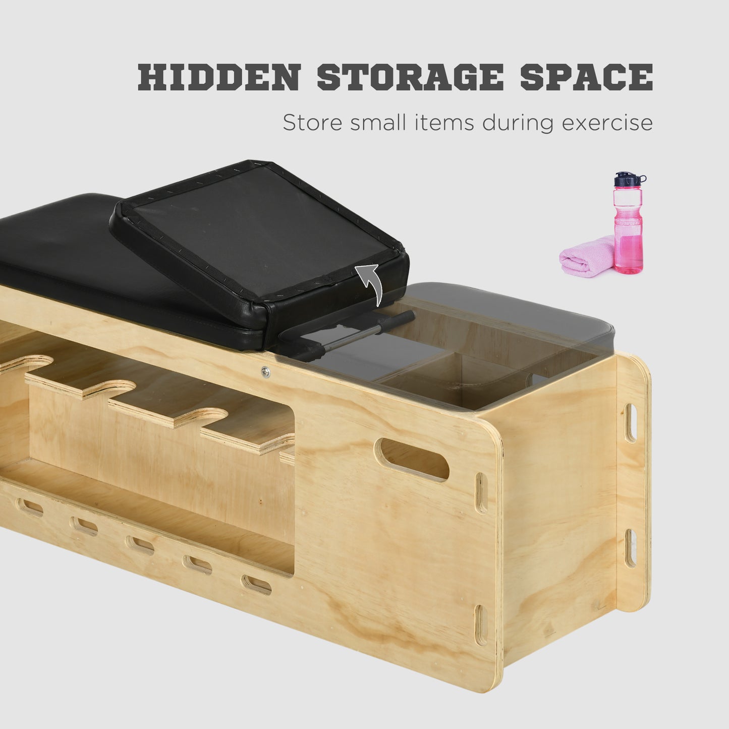 Wooden workout bench with black upholstered seat and hidden storage compartment