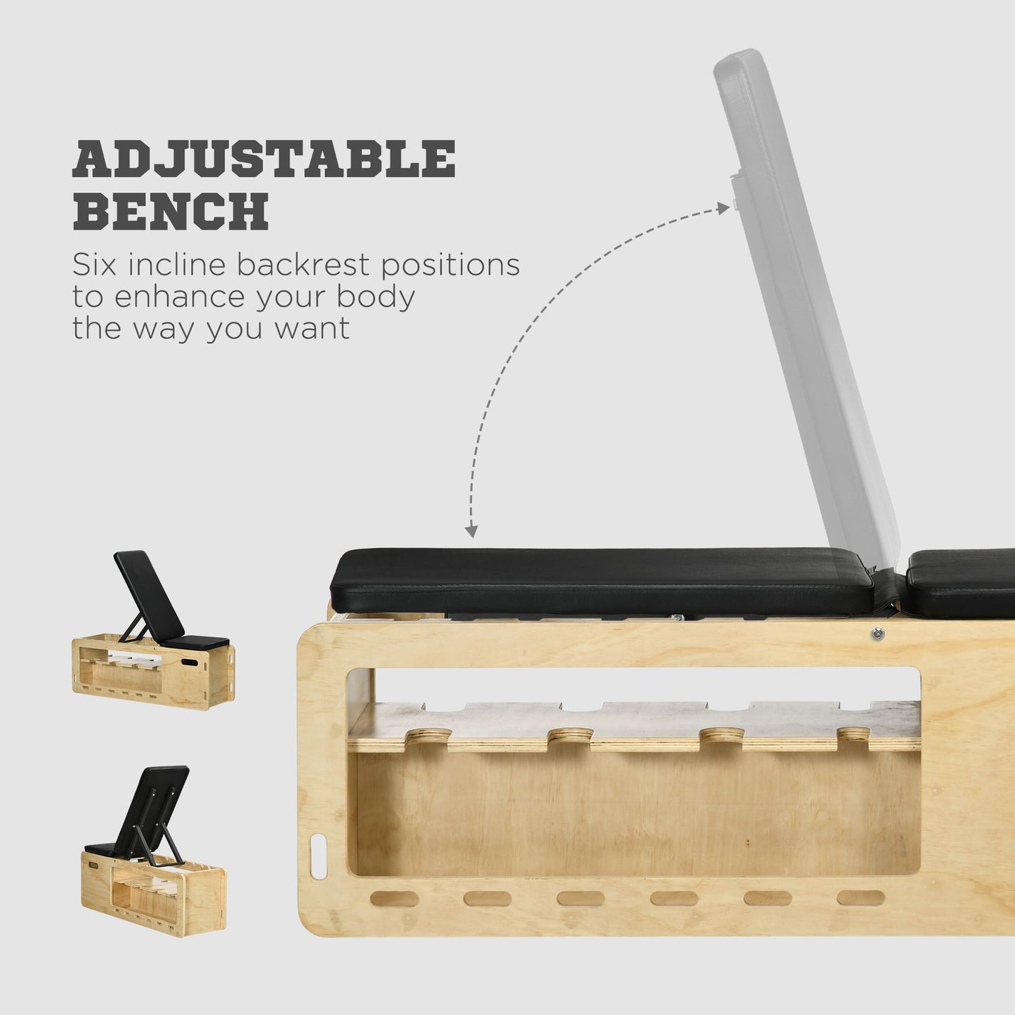 Adjustable weight bench with black padding and natural wood frame six incline positions