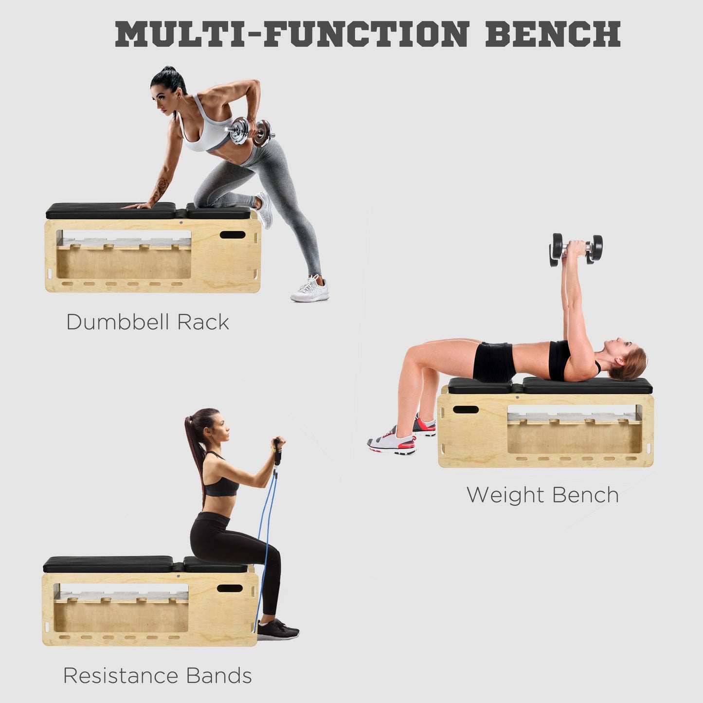 Woman performing dumbbell row on wooden multifunction bench for upper body workout