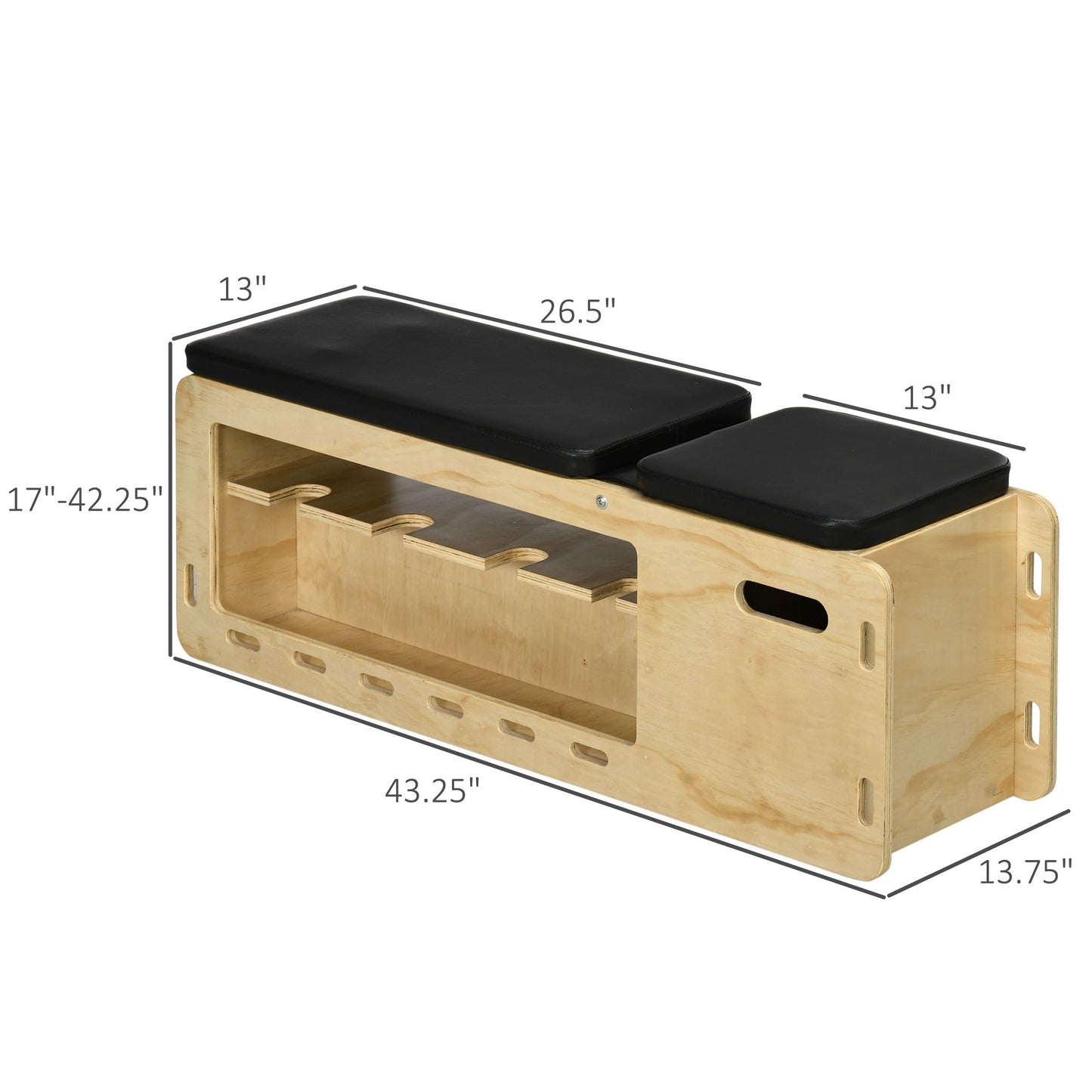 Wooden adjustable weight bench with black upholstered seats and integrated storage