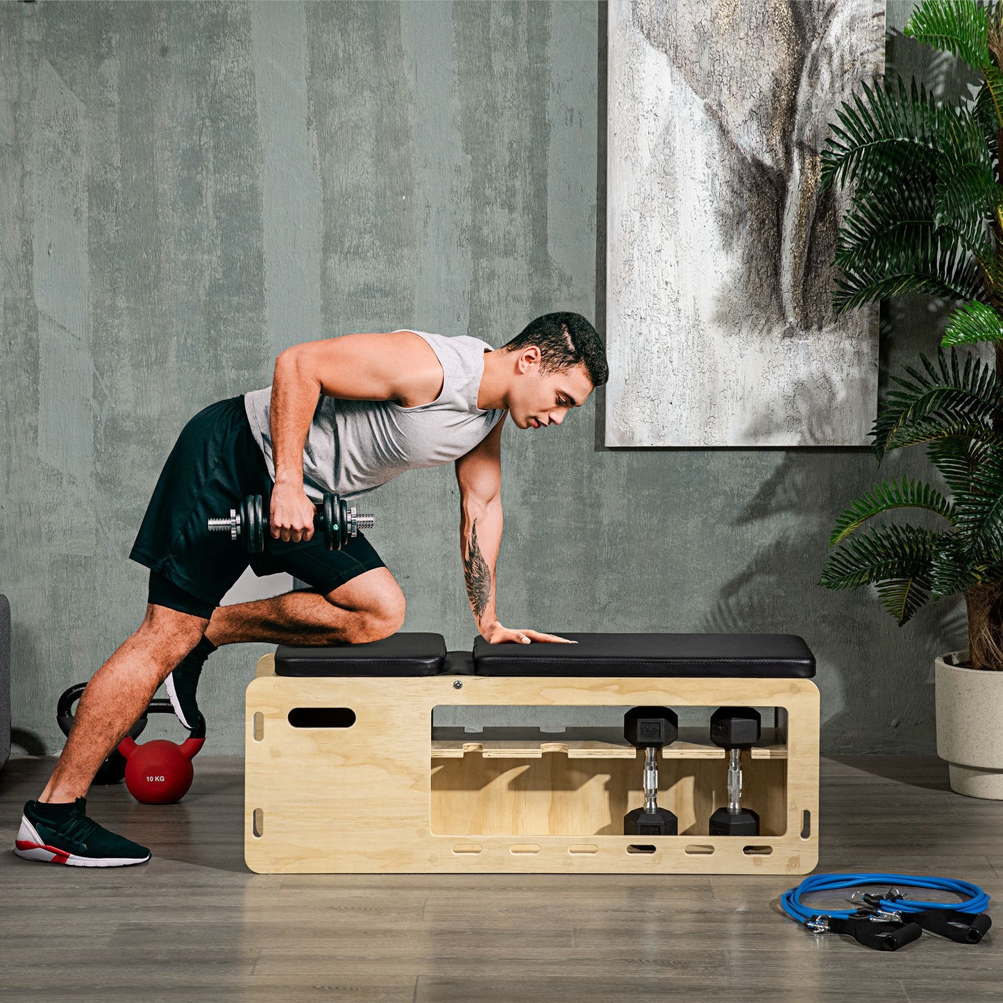 Wooden workout bench with black upholstered top storing dumbbells Ideal home gym equipment