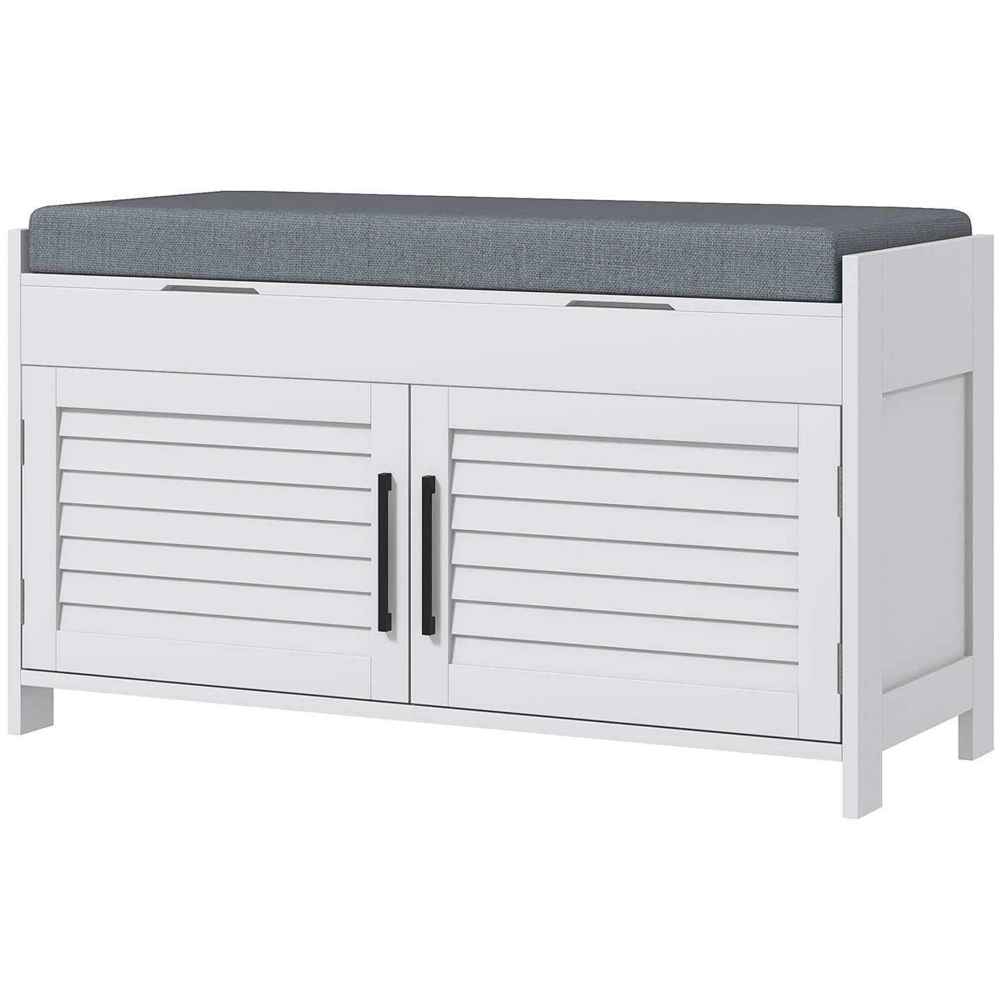 White storage bench with gray upholstered seat and louvered cabinet doors