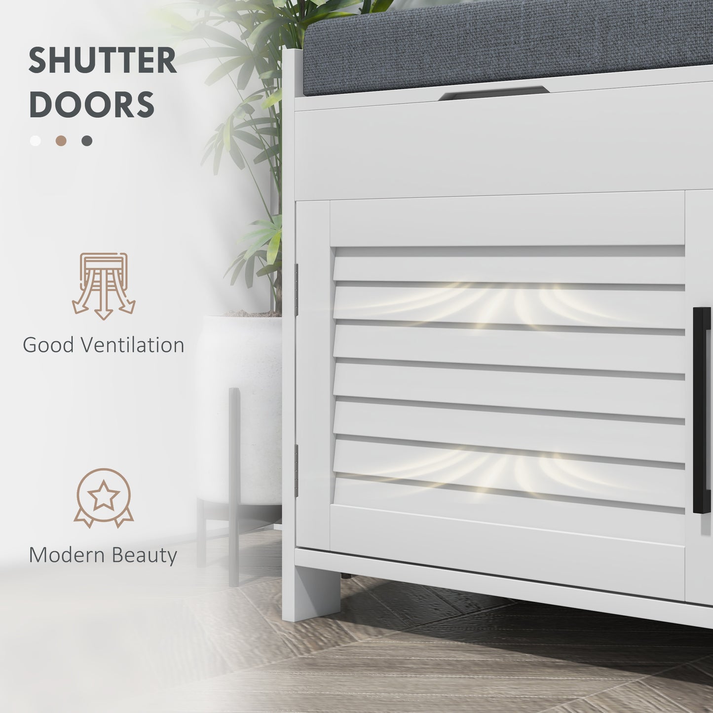 White storage bench with shutterstyle doors and grey upholstered top