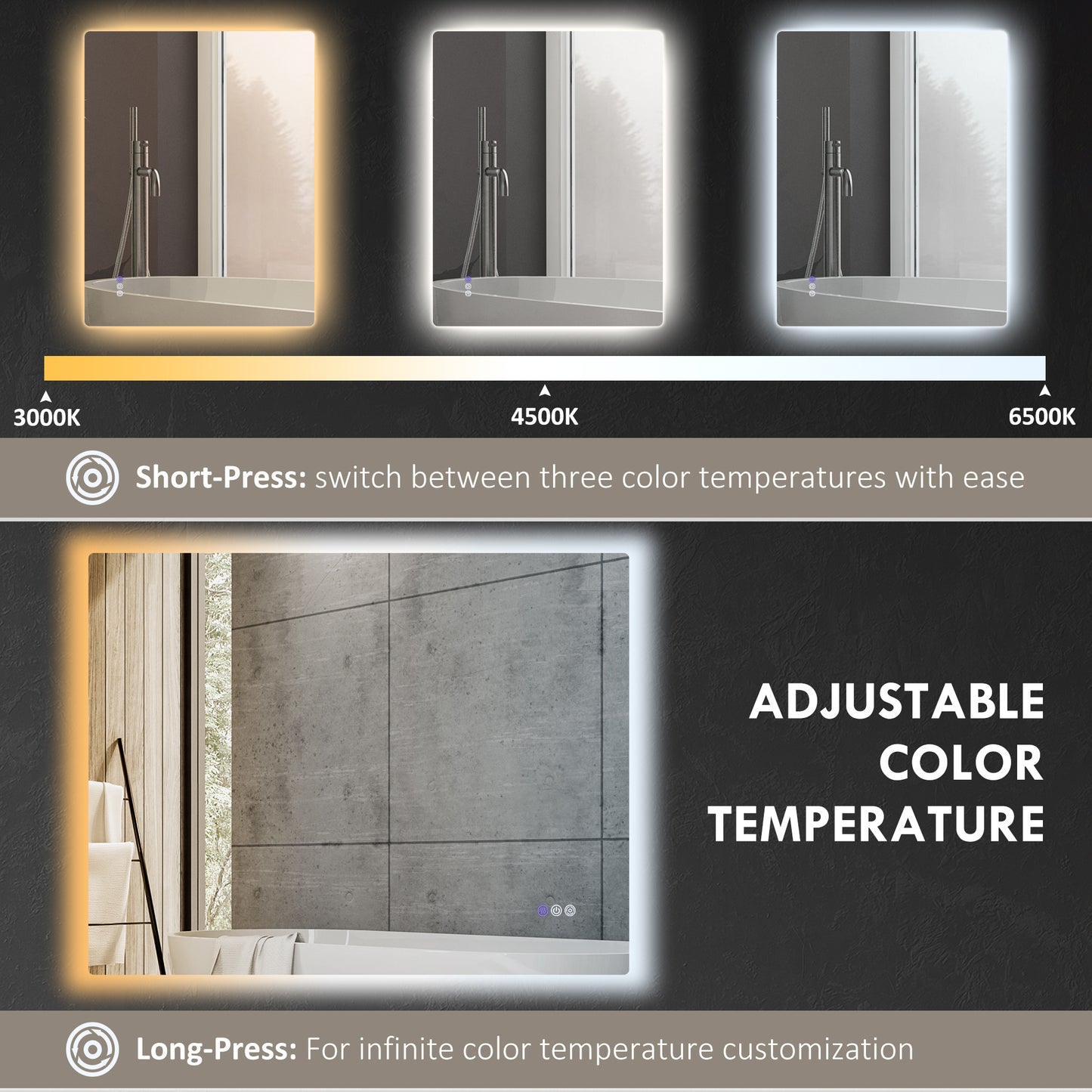 Rectangular LED bathroom mirror with adjustable color temperature K warm light