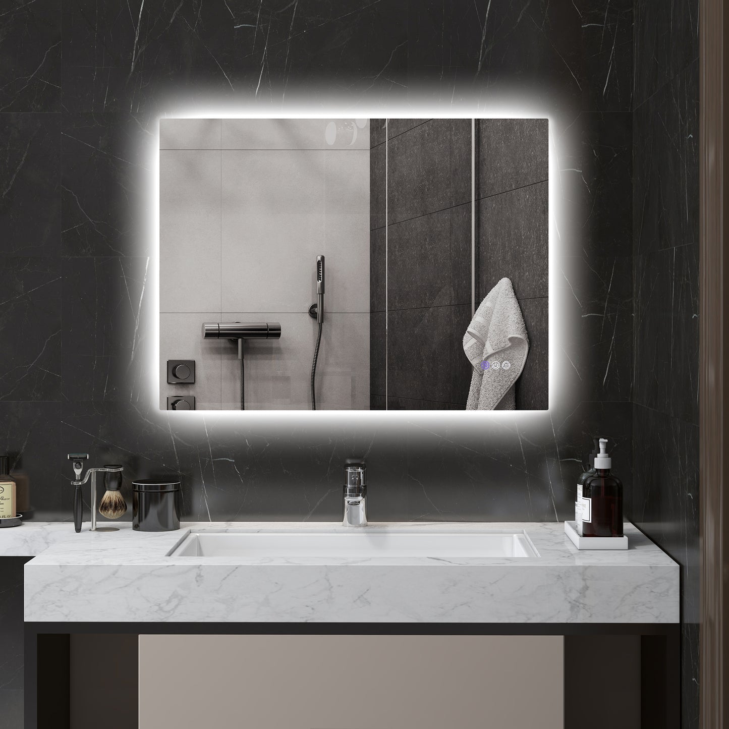 Modern backlit bathroom mirror with touch controls for grooming