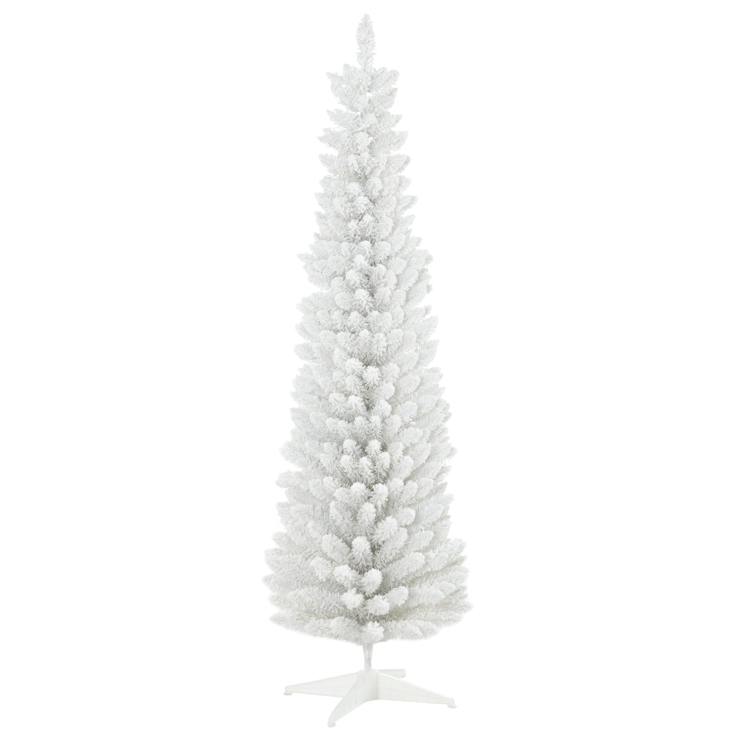 Flocked artificial Christmas tree in slender profile with white branches ft tall