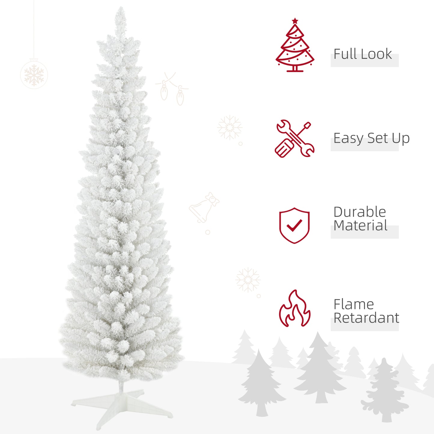 Full white flocked artificial Christmas tree creating a winter wonderland effect
