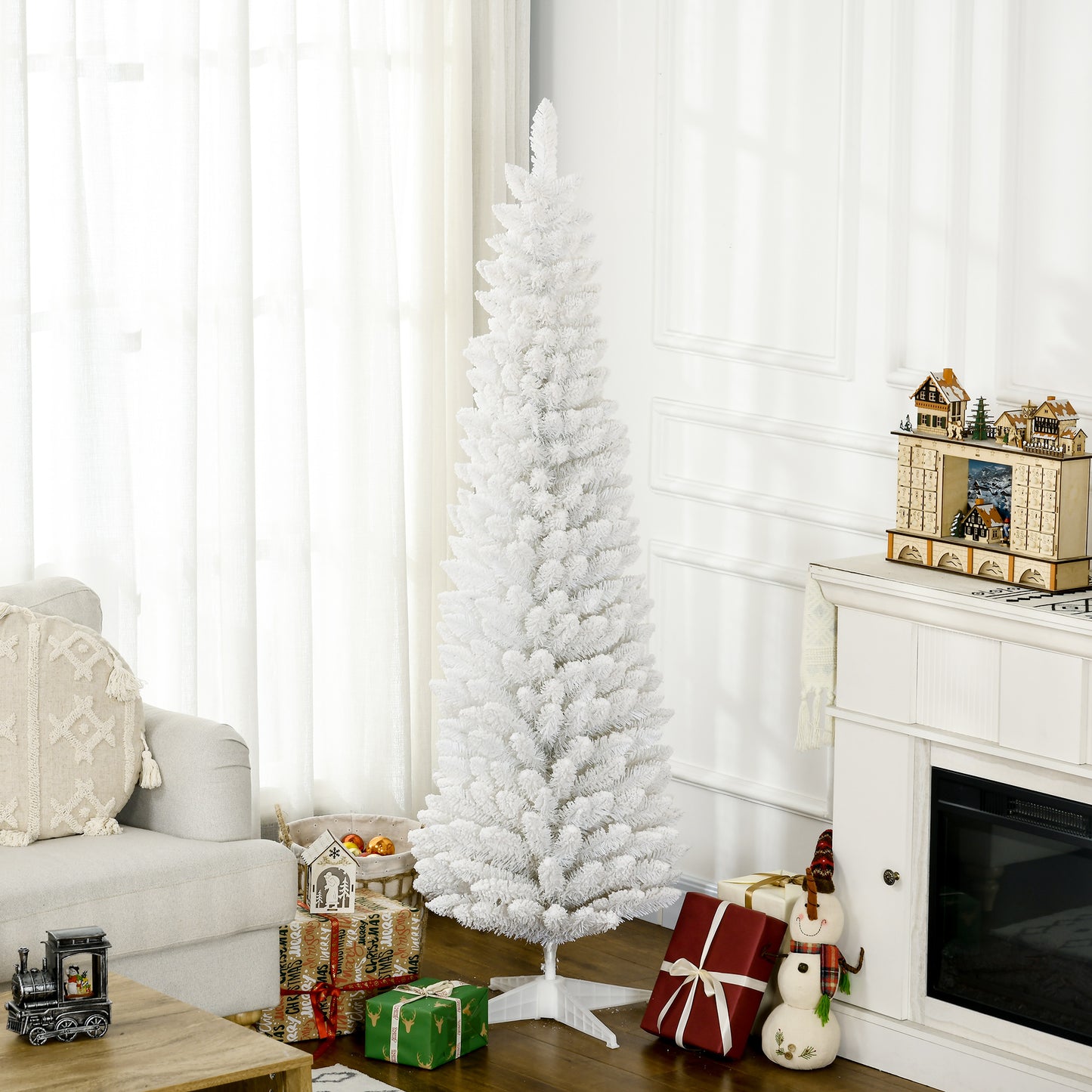 Tall slender white artificial Christmas tree with dense branches perfect for festive decor