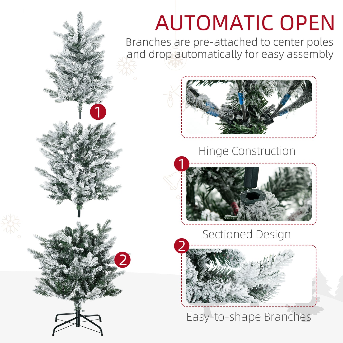 Flocked artificial Christmas tree with hinged branches for easy assembly