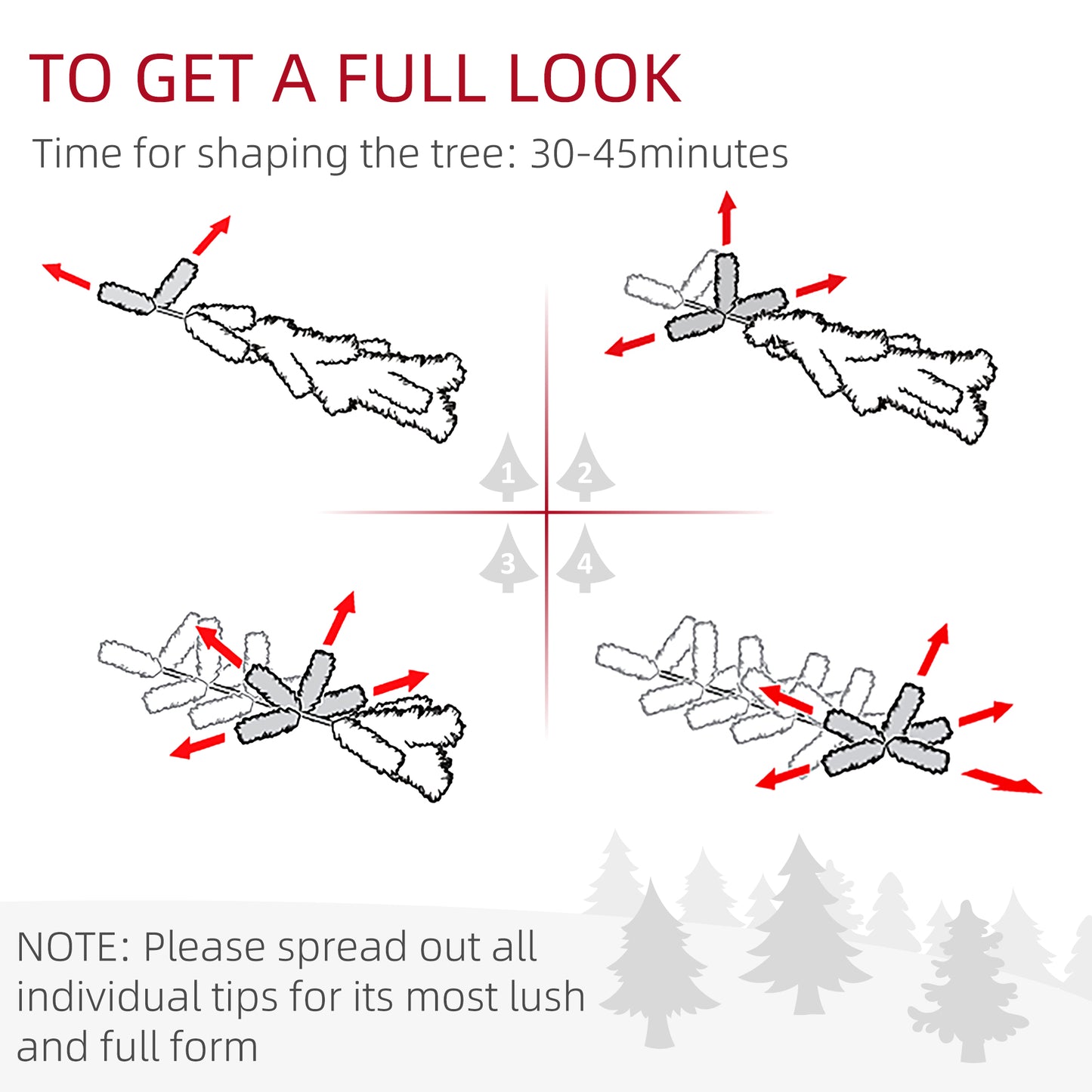 Illustration showing how to shape artificial Christmas tree branches with red arrows