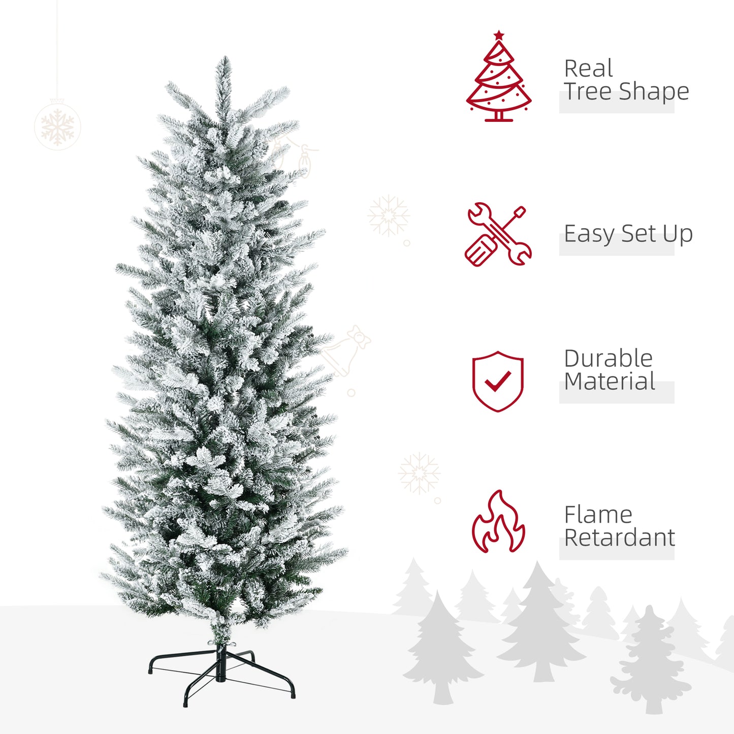 Flocked artificial Christmas tree with dense branches and a natural shape ideal for holiday decor