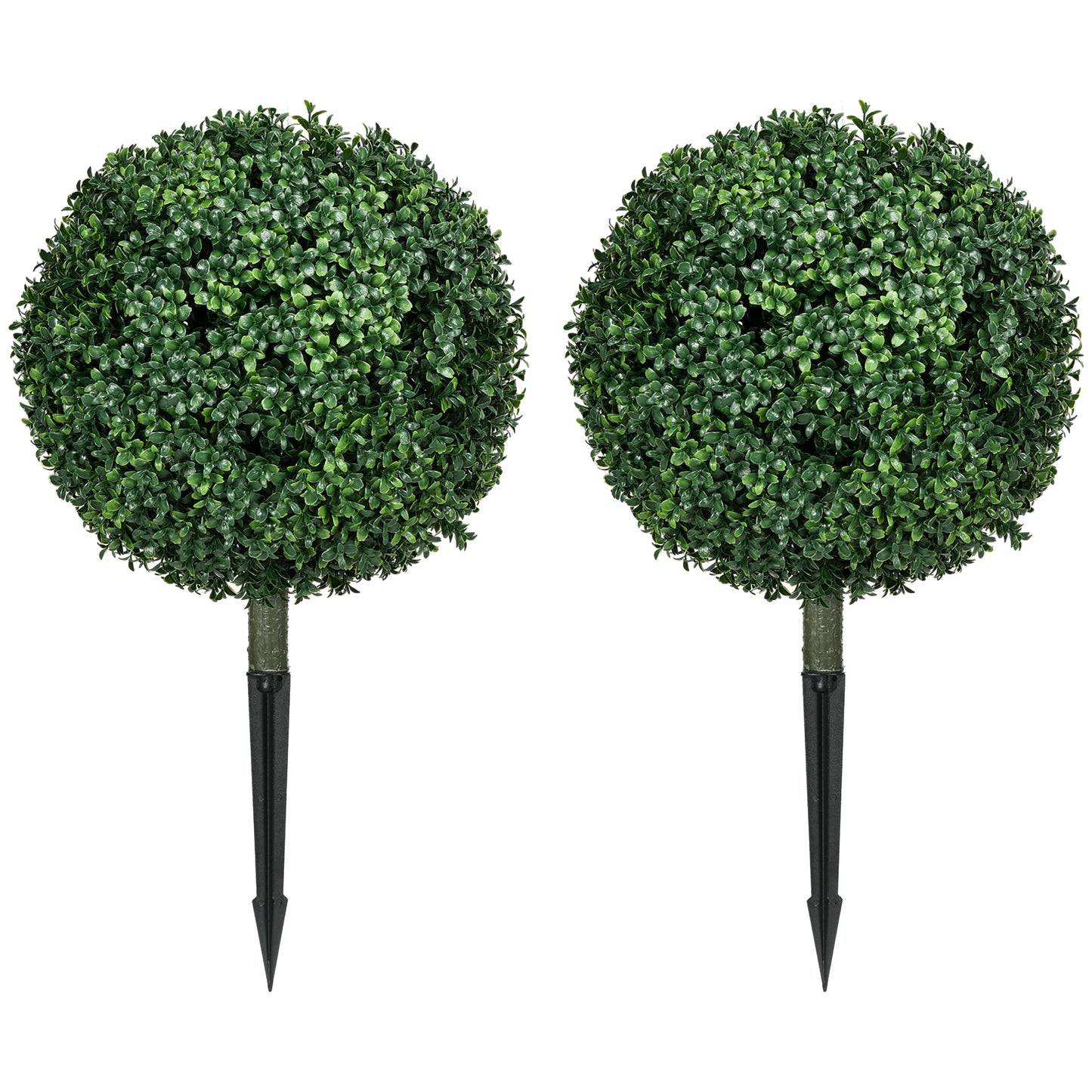 Two artificial green boxwood topiaries with black stakes for garden decor