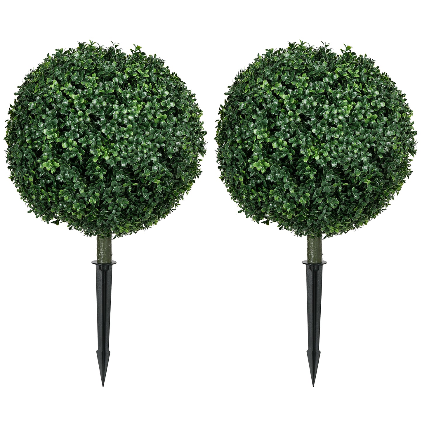 Two artificial green boxwood topiaries with black stake bases perfect for garden decor