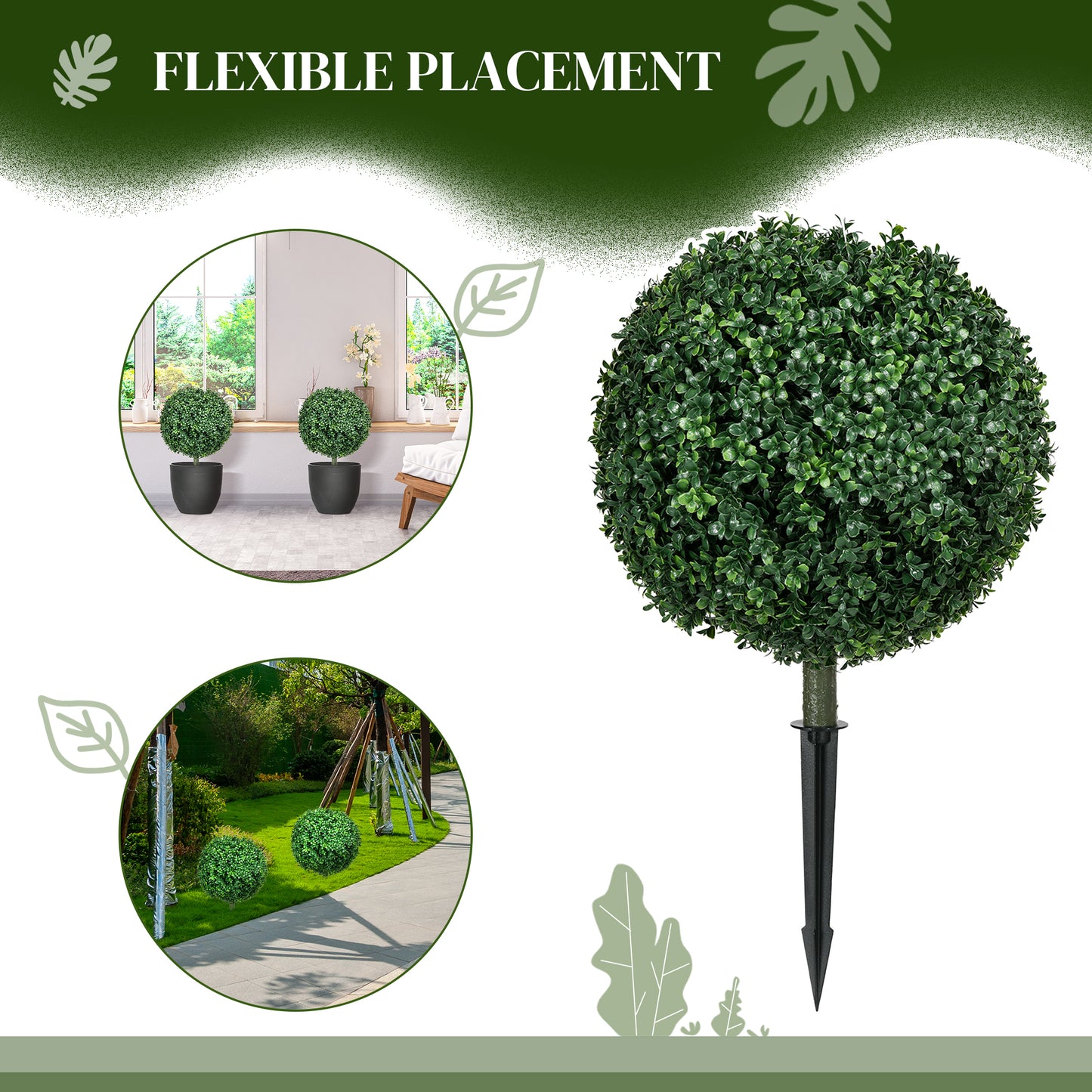 Closeup of a realistic green artificial boxwood ball topiary with a stake