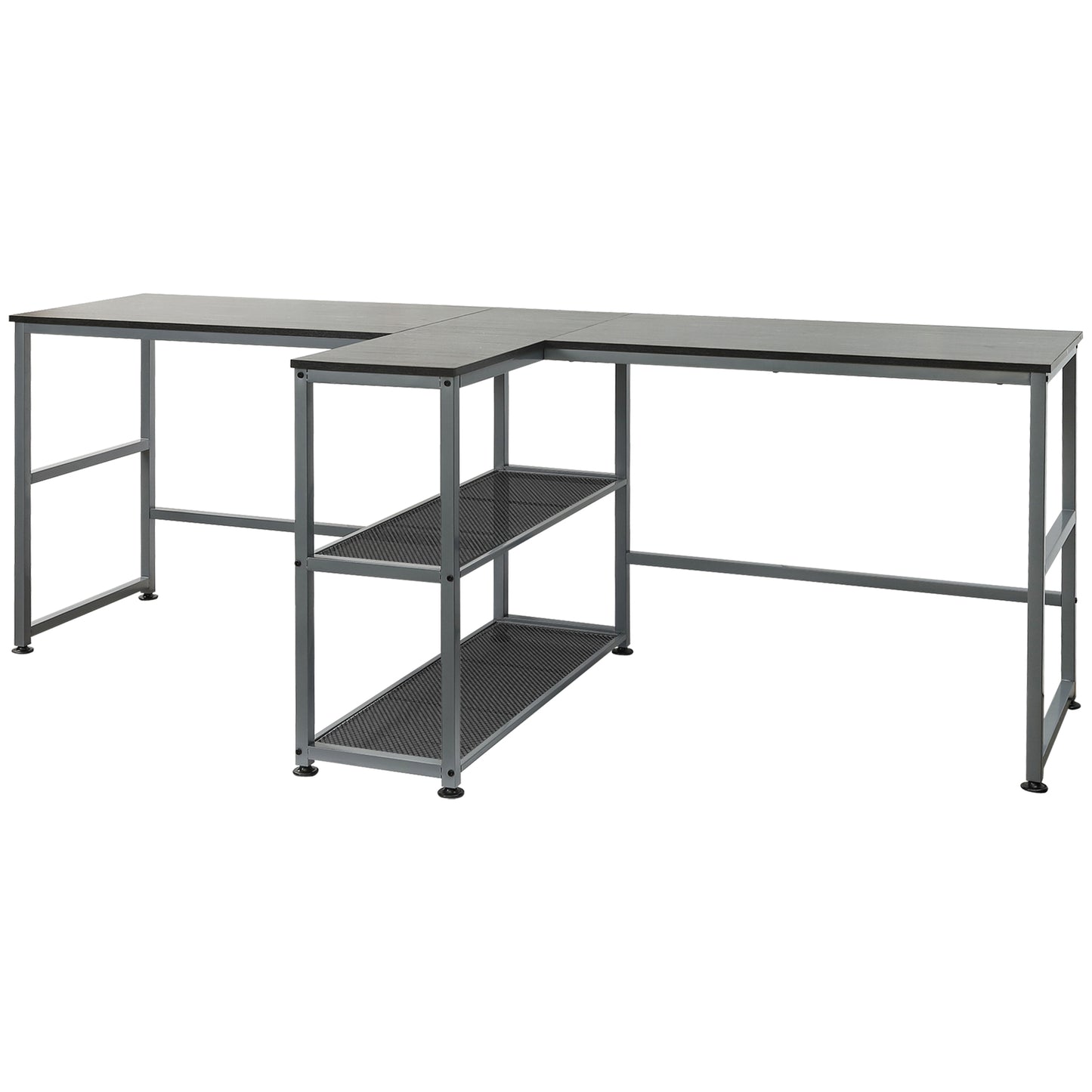 Dark wood Lshaped desk with gray metal frame and three shelves