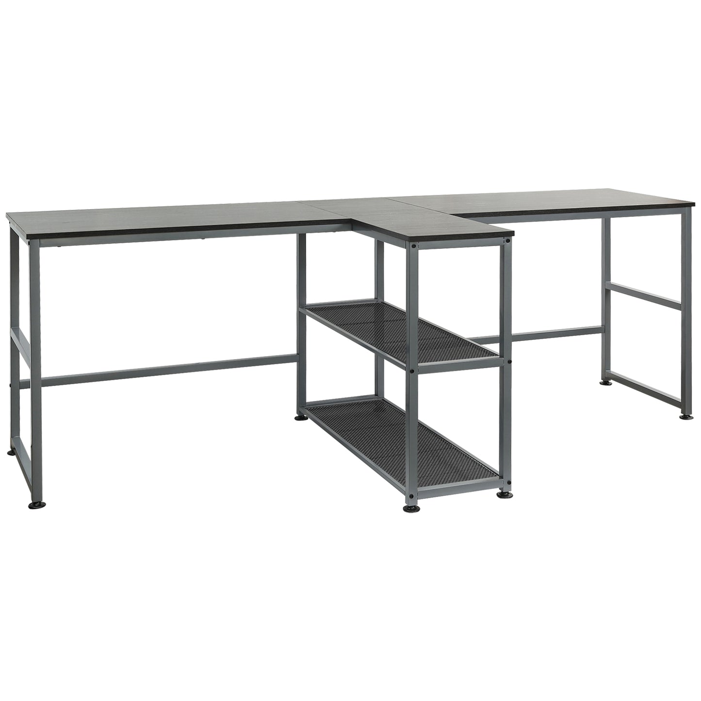 Spacious Lshaped desk with black wood top and grey metal frame offering ample workspace