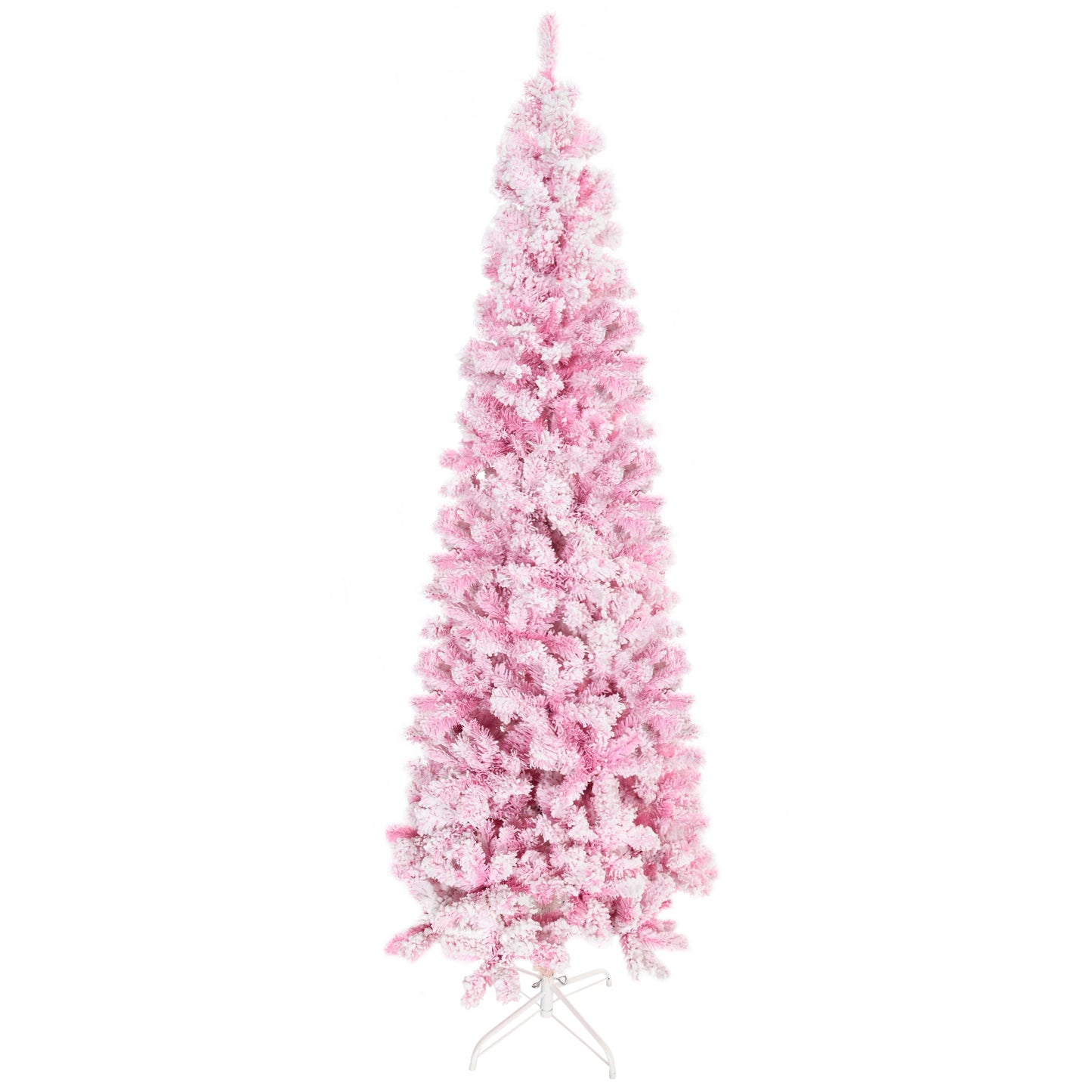 Slim artificial pink Christmas tree with frosted branches and white metal stand