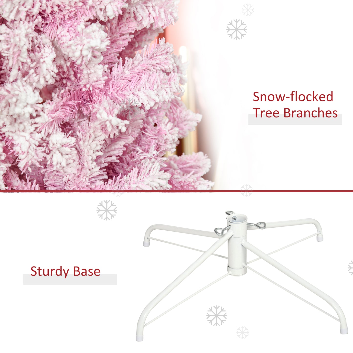 Closeup of flocked pink artificial Christmas tree branches with snowy tips
