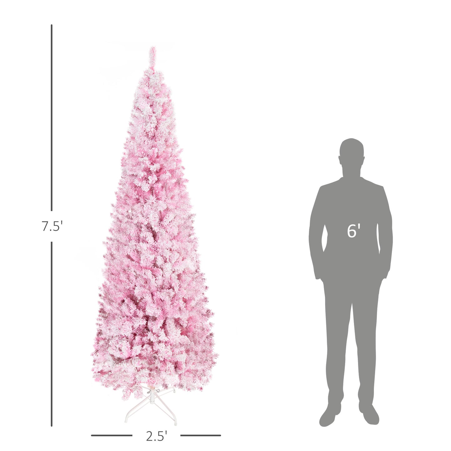 A foot flocked pink artificial Christmas tree with a white metal stand shown next to a foot silhouette