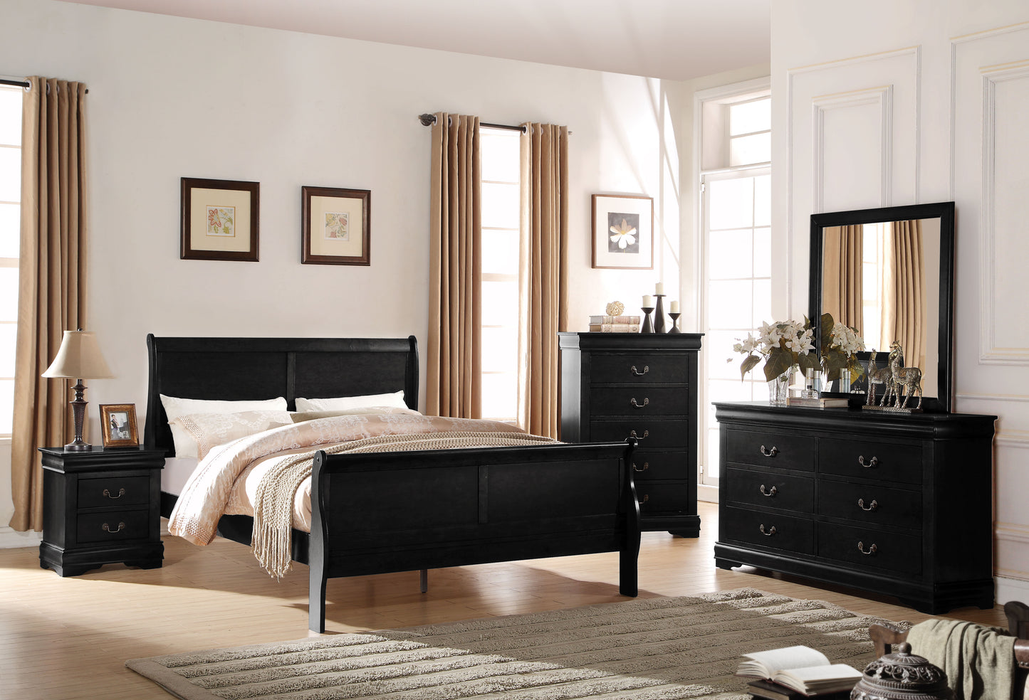 Black wooden sleigh bed frame with ornate headboard