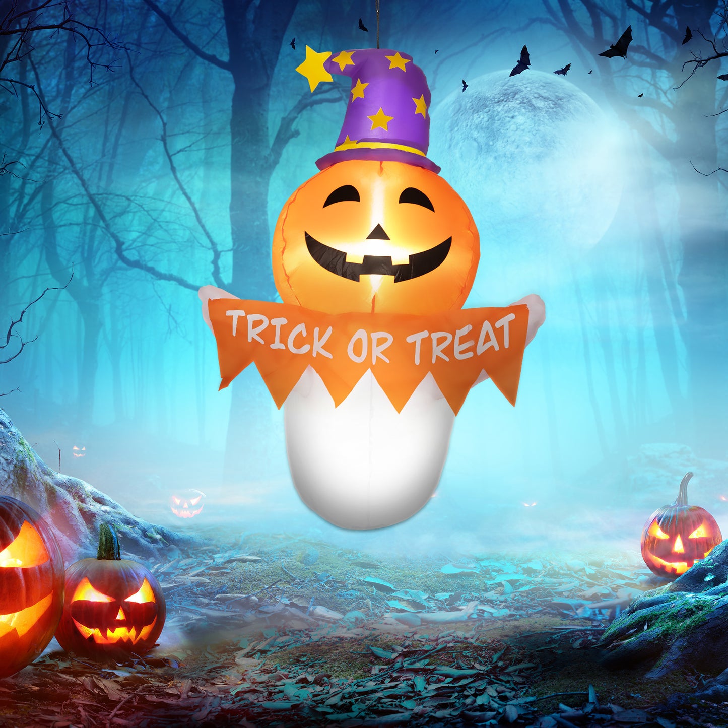 Inflatable pumpkin decoration with wizard hat and Trick or Treat banner