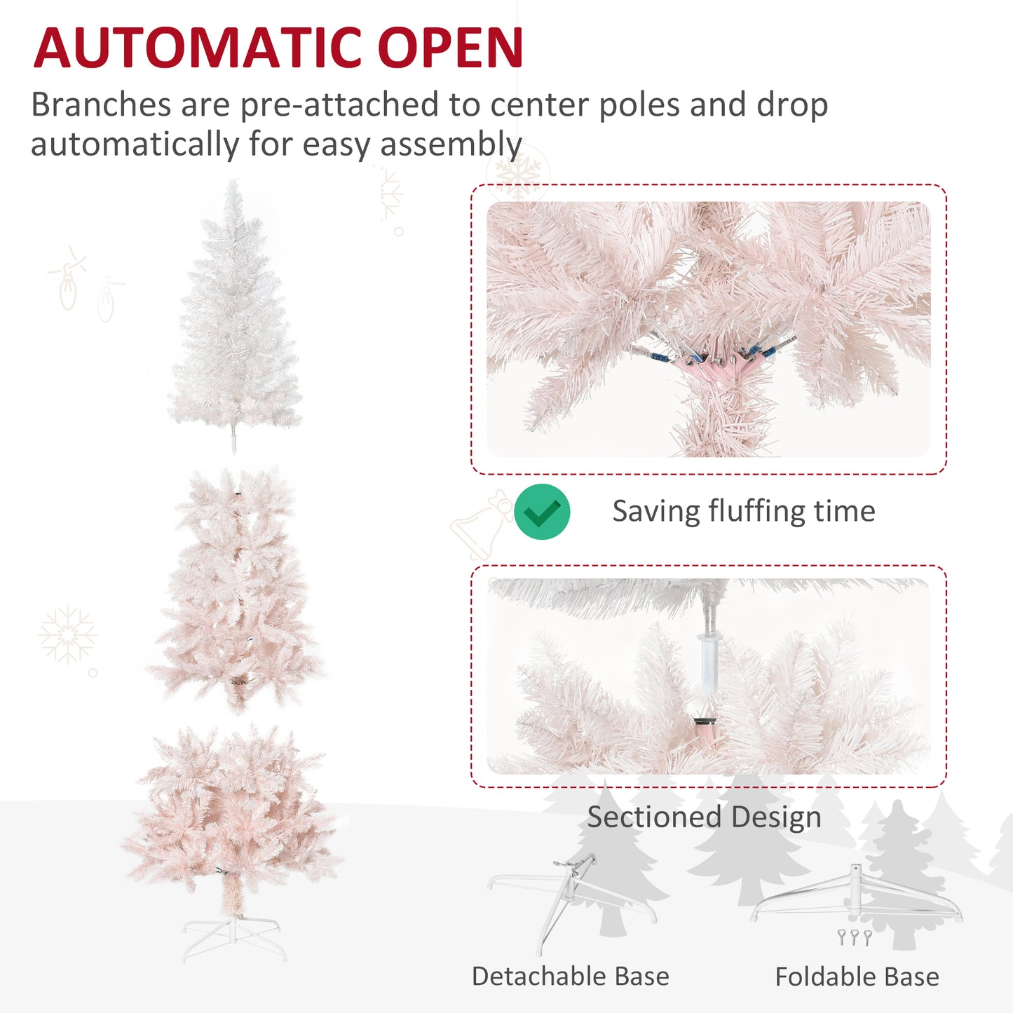 Fluffy pink artificial Christmas tree with preattached branches for easy assembly
