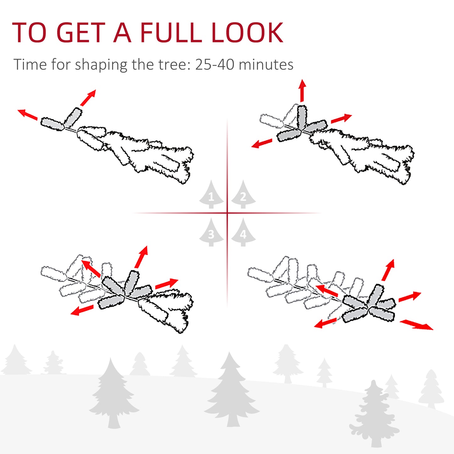 Diagram illustrating artificial Christmas tree branch shaping techniques with red arrows