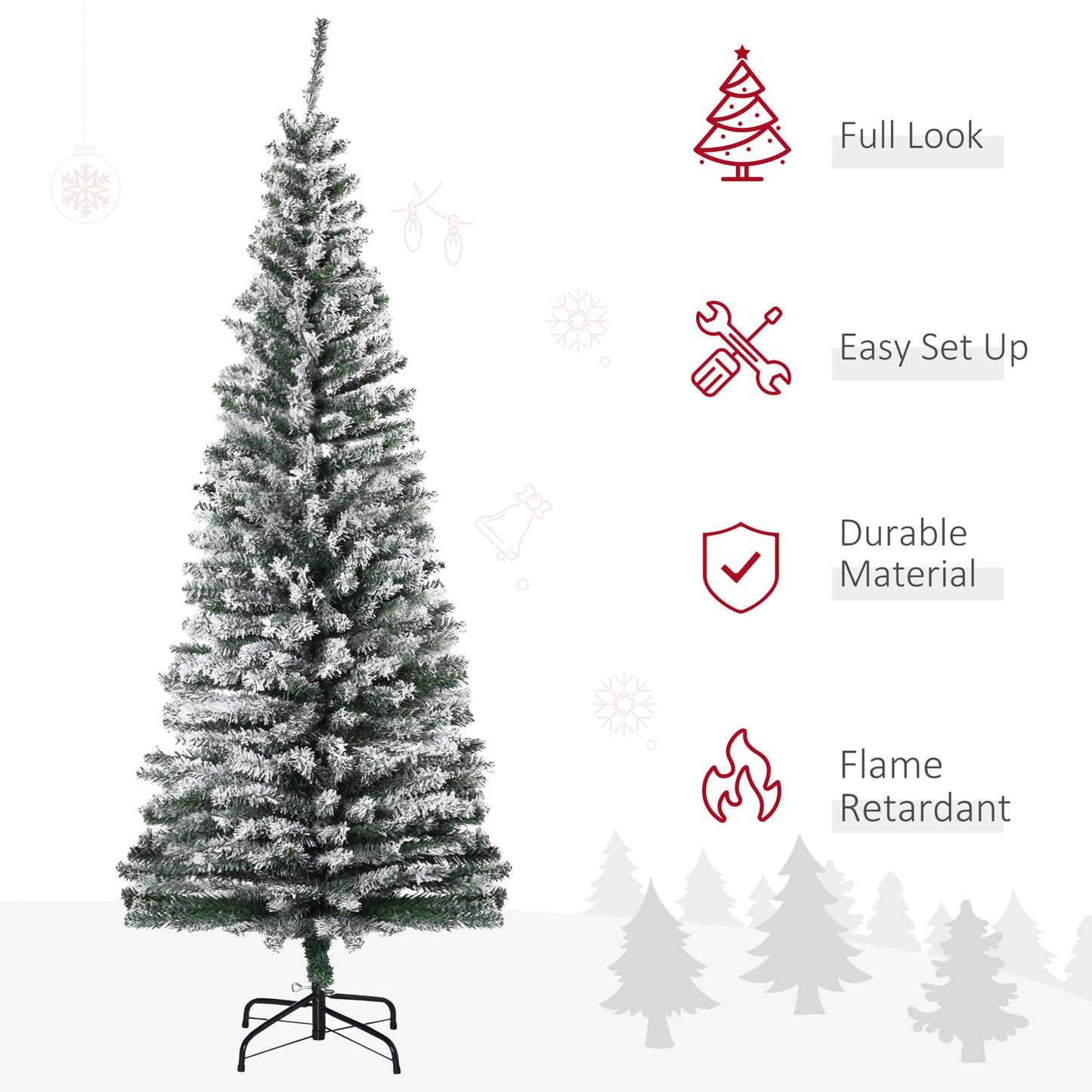 A flocked artificial Christmas tree with a black metal stand showcasing its snowy branches