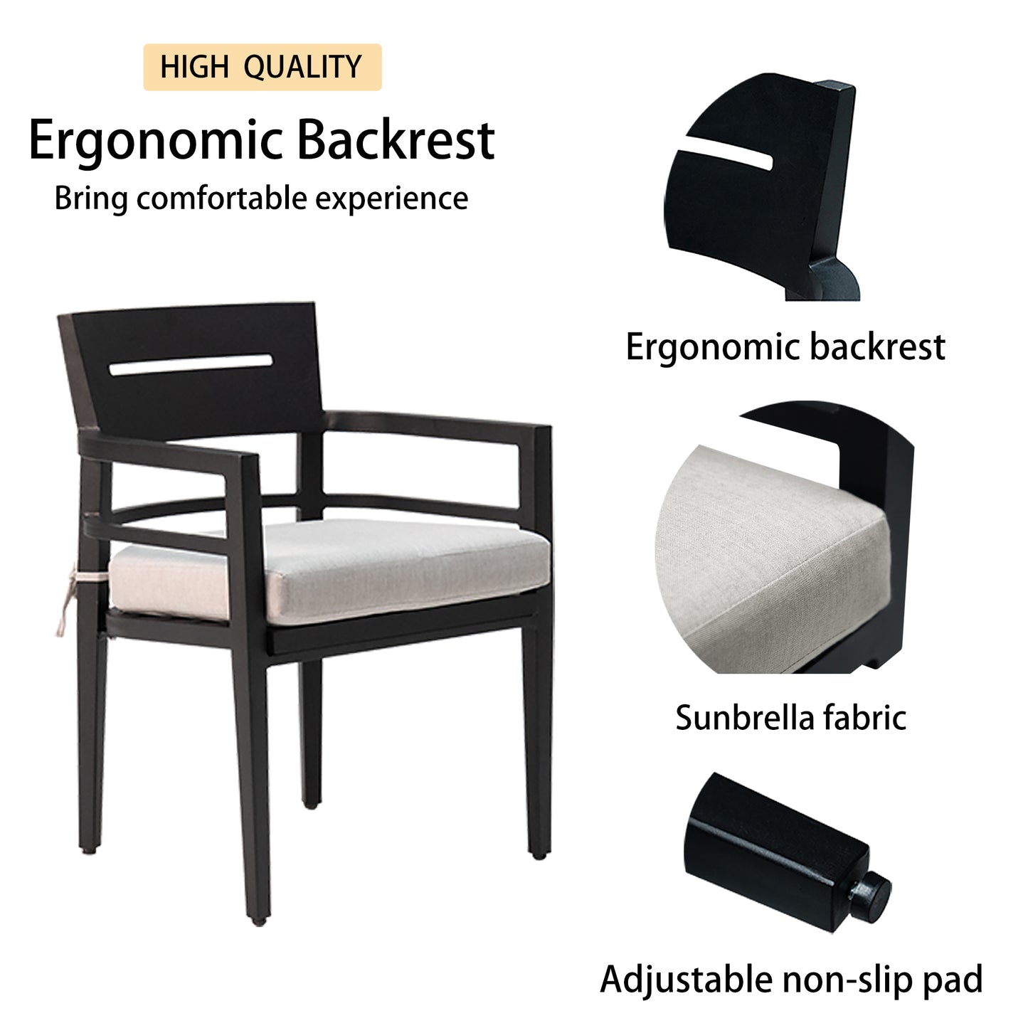 Black metal patio chair with light gray cushion and ergonomic backrest