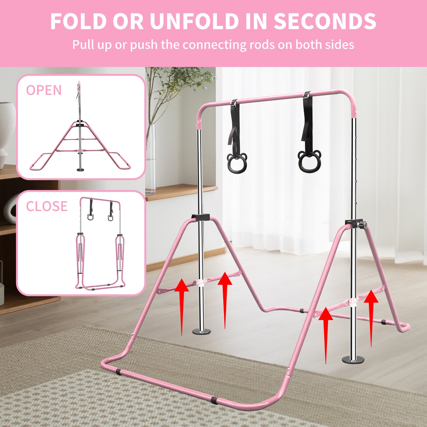 Pink metal gymnastic bar with adjustable height and two hanging rings for indoor play