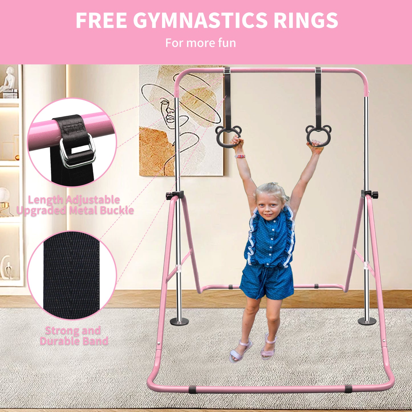 Pink junior gymnastics bar with adjustable straps and bearshaped rings