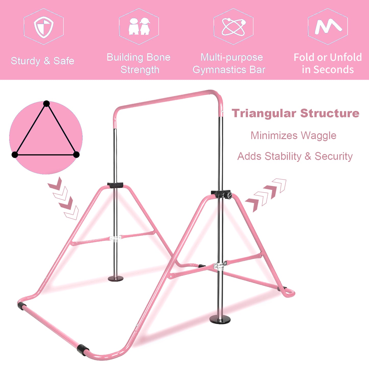 Pink gymnastics bar with triangular base for stability and safety