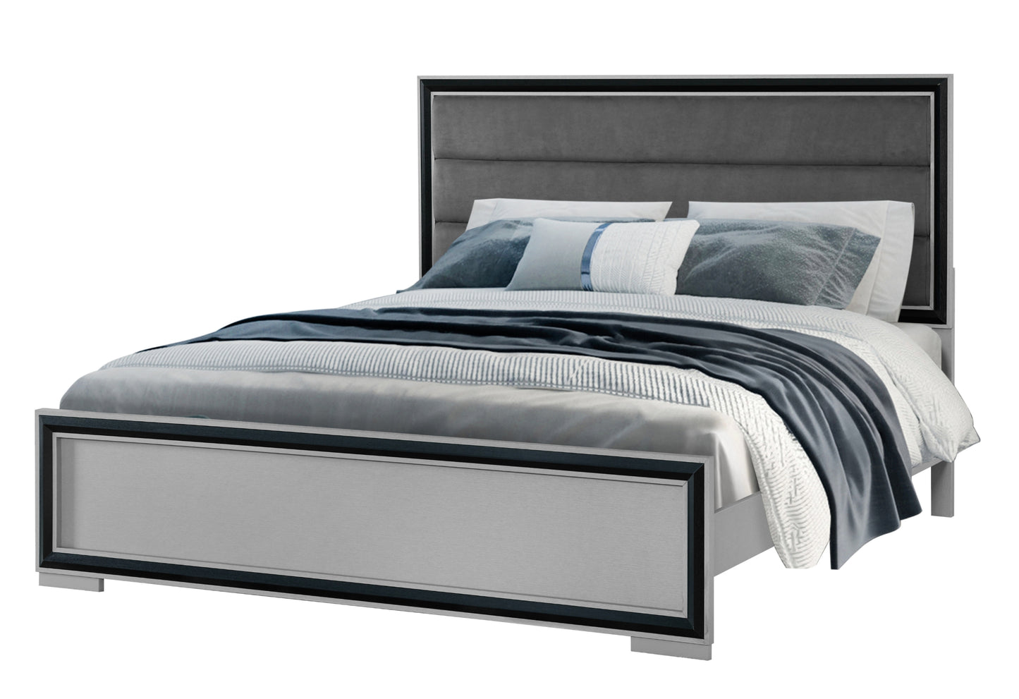 Modern upholstered queen bed with gray velvet headboard and silver frame