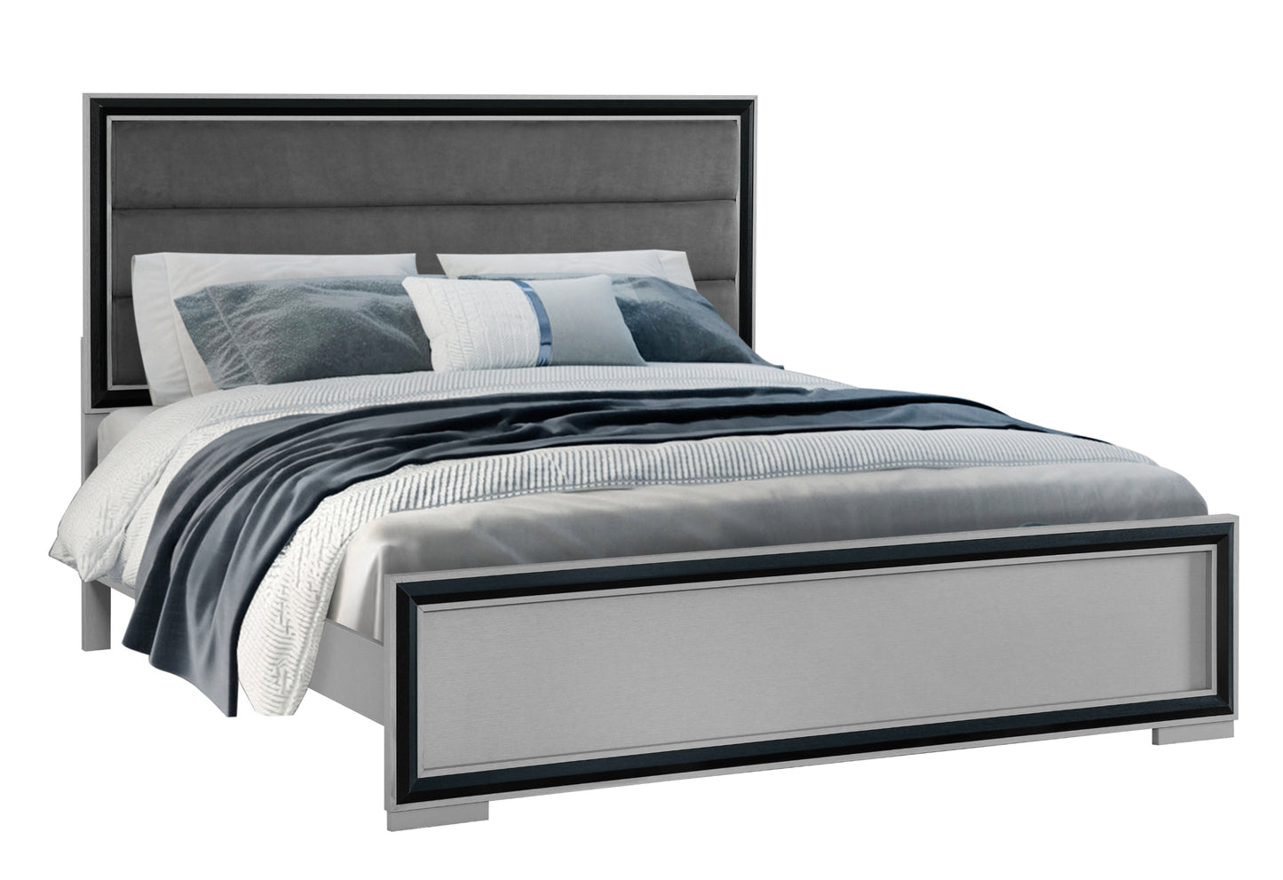 Modern grey velvet upholstered bed with a silver wood frame and plush blue bedding